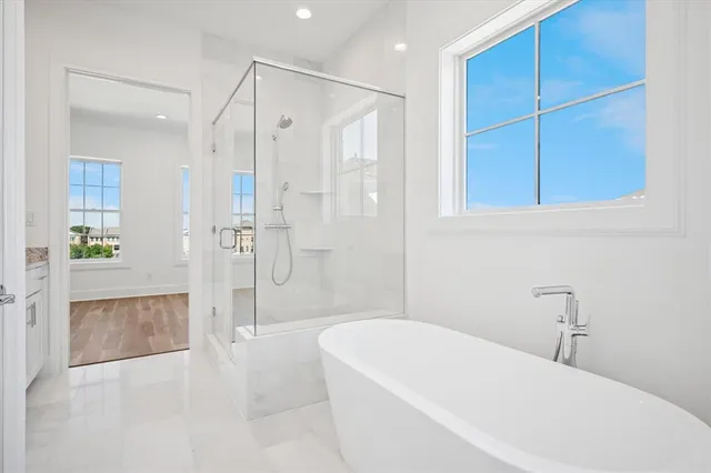 a bathroom with a bathtub and a shower