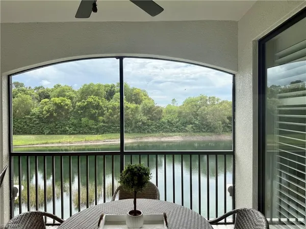 a view of a balcony from a window