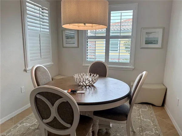 a view of a dining room with furniture and window
