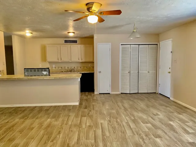 a view of kitchen with granite countertop cabinets and refrigerator
