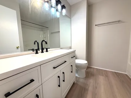 a bathroom with a sink a toilet and a mirror