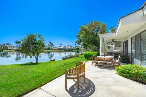 a garden view with a seating space