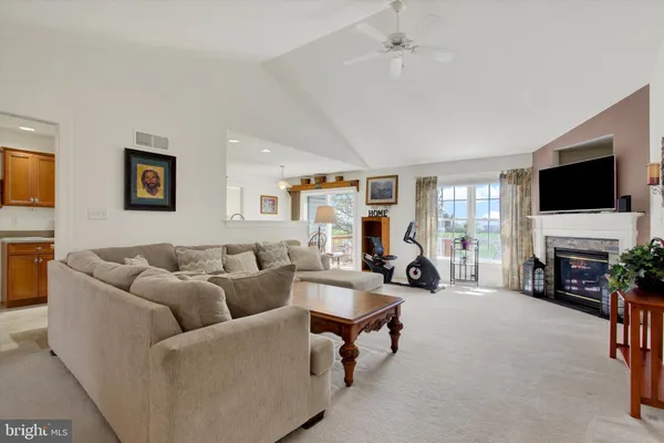 a living room with fireplace furniture and a flat screen tv