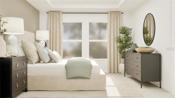a living room with furniture and a mirror