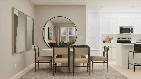 a living room with furniture and a mirror