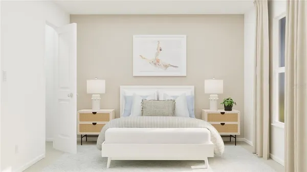 a bedroom with a bed and painting on the wall