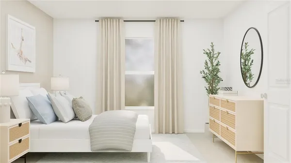 a bedroom with a bed and a potted plant