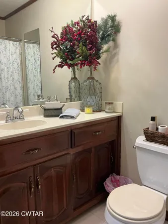 a bathroom with a sink vanity mirror and toilet