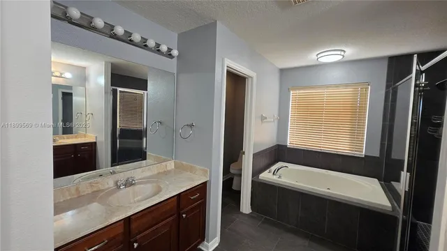 a bathroom with a tub sink and mirror