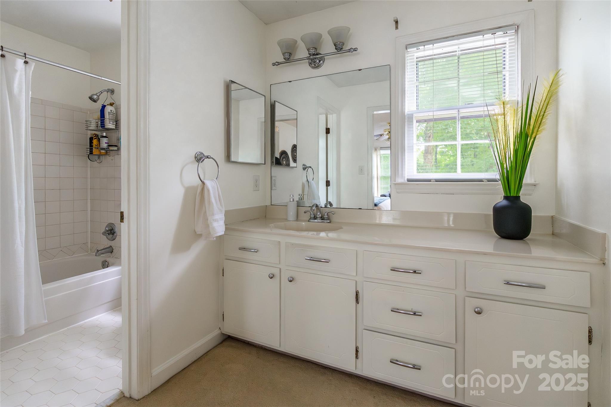 6816 Porterfield Road Charlotte, NC 28226 - Photo 17 of 31 a bathroom with a double vanity sink a mirror and a bathtub