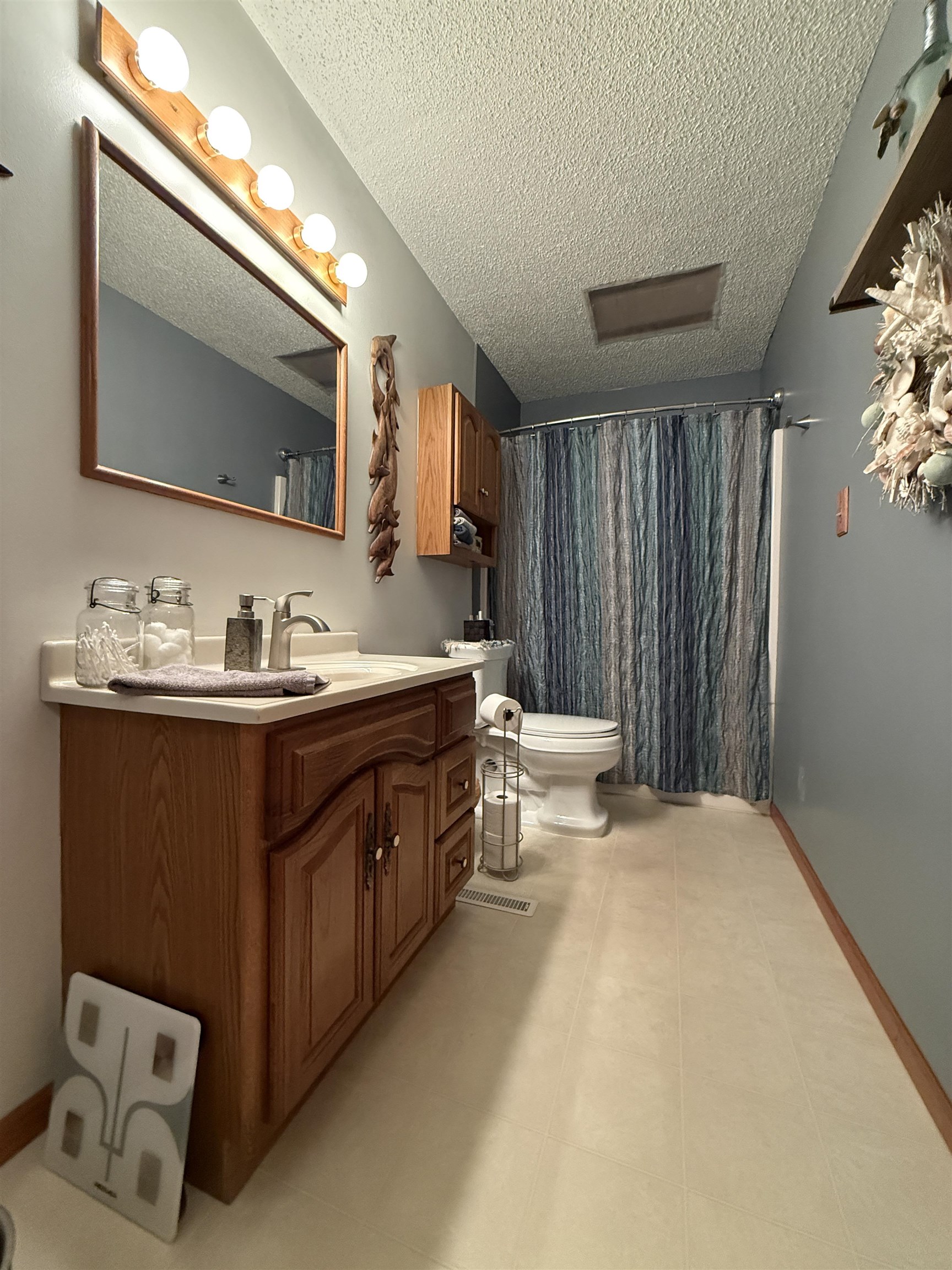 3991 Dillon Road Hibbing, MN 55746 - Photo 17 of 25 Bathroom featuring vanity, a shower with shower curtain, and a textured ceiling