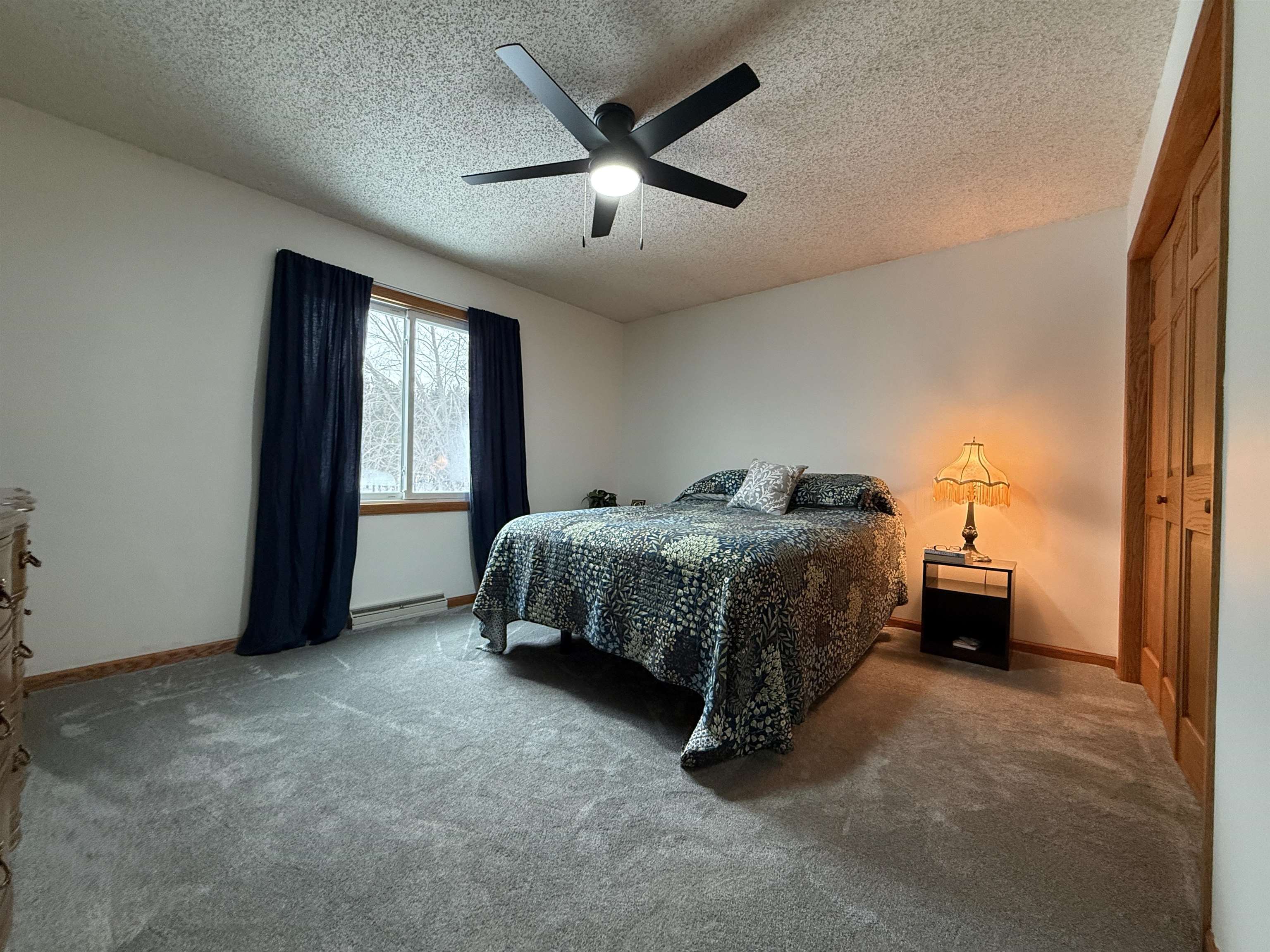 3991 Dillon Road Hibbing, MN 55746 - Photo 20 of 25 Carpeted bedroom with a textured ceiling, a ceiling fan, and baseboard heating