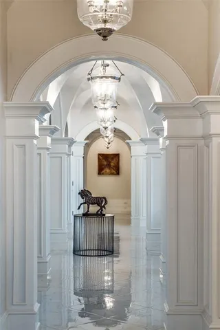 a view of a chandelier in a room