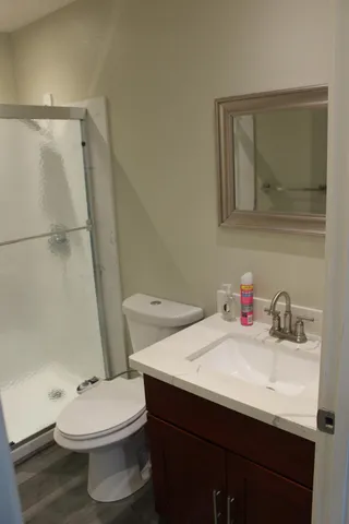 a bathroom with a sink vanity mirror and toilet