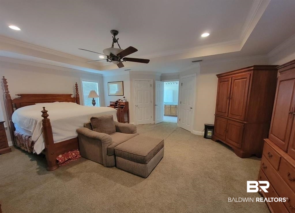 16311 Old Brady Road Bay Minette, AL 36507 - Photo 11 of 38 Spacious interior room featuring a tray ceiling with recessed lighting and a ceiling fan, plush carpet flooring, and a large window with blinds