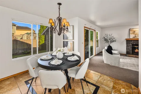a view of a dining room with furniture window and outside view