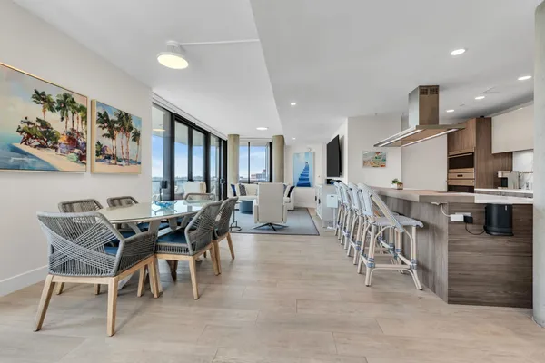 a view of a dining room with furniture
