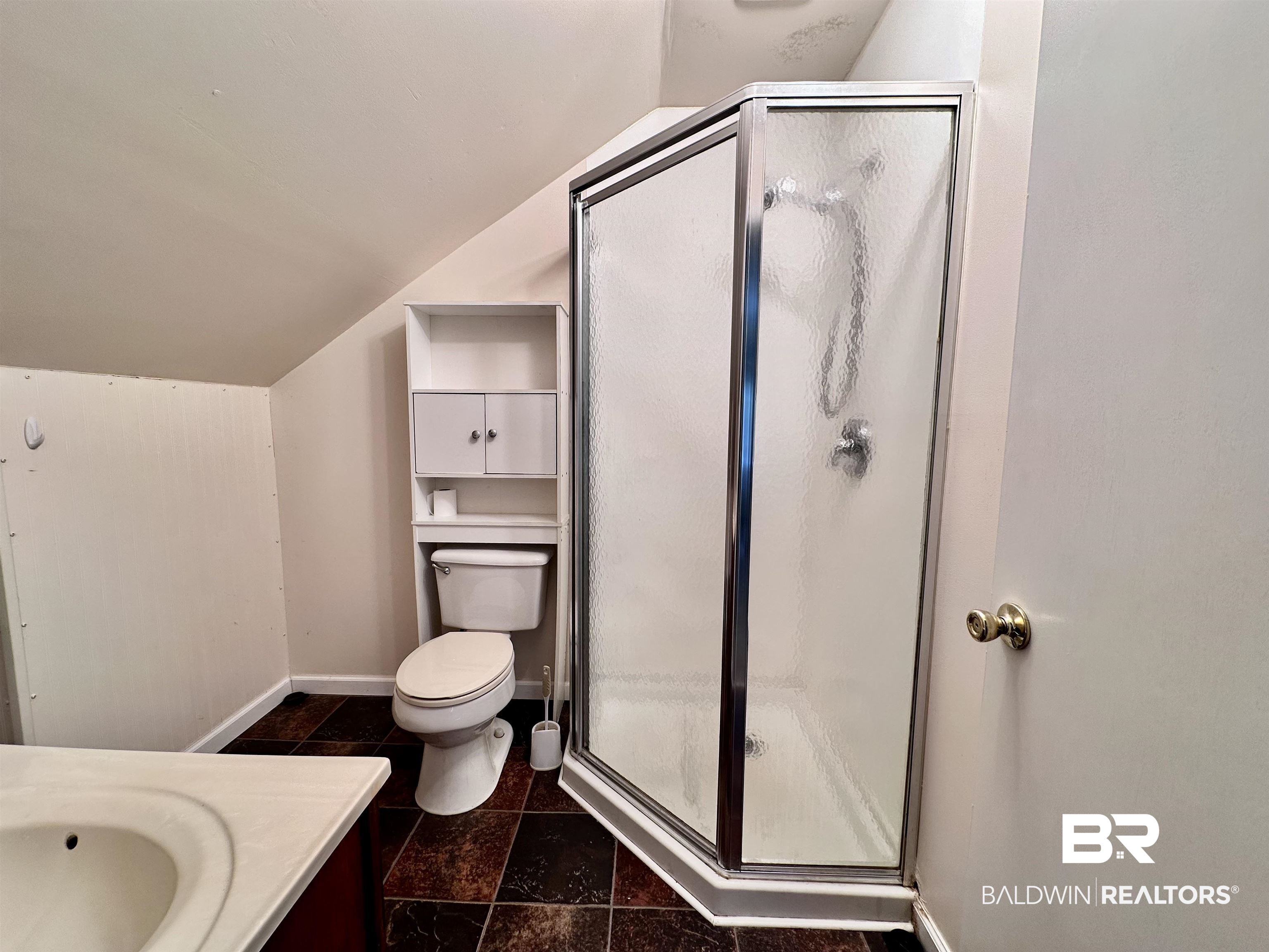260 Siena Vista Street Mobile, AL 36607 - Photo 41 of 41 Bathroom with lofted ceiling, vanity, a shower stall, toilet, and baseboards