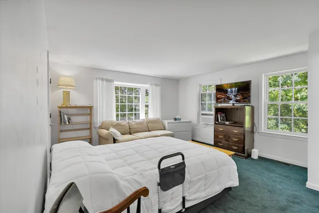 a bedroom with a bed and a television