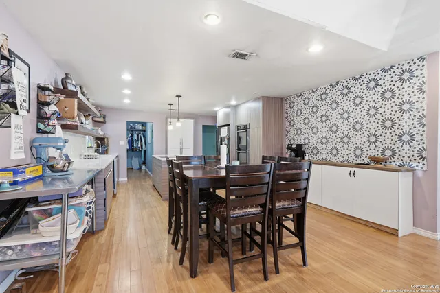 a view of a dining room with furniture