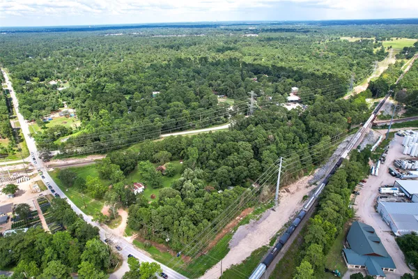 a view of a city with lush green forest