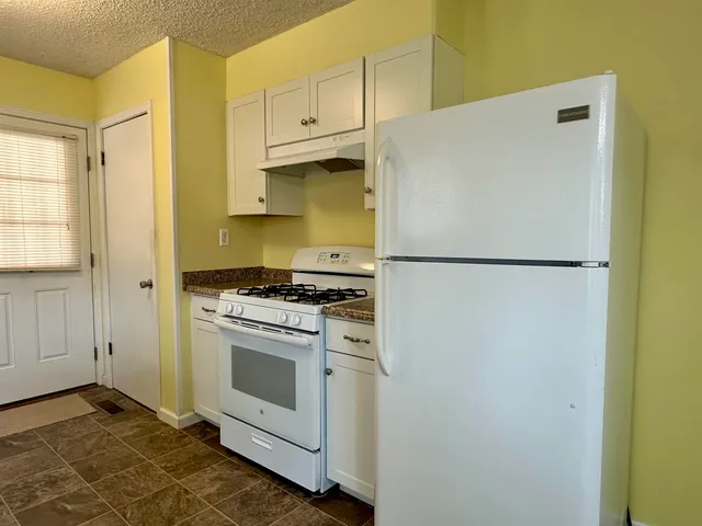 a kitchen with a stove a refrigerator and a sink