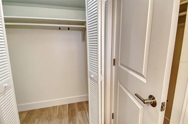 a view of a garage with storage