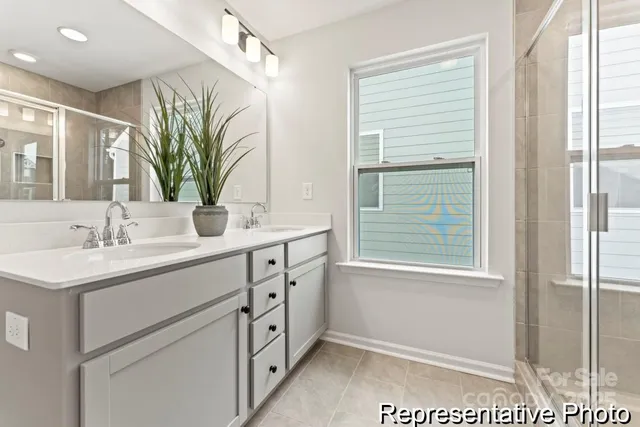 a bathroom with a sink a mirror and a shower