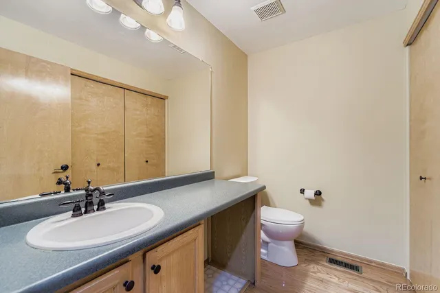 a bathroom with a sink a toilet and a large mirror