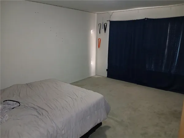 a bed room with a bed and a shower