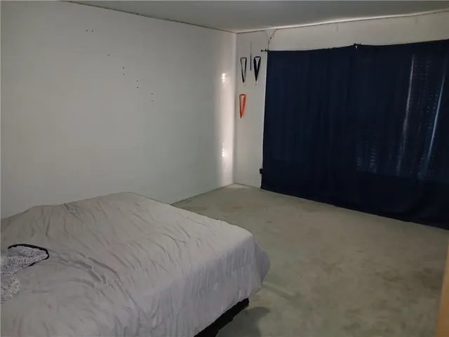 a bed room with a bed and a shower