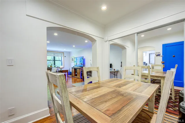 a view of a dining room with furniture