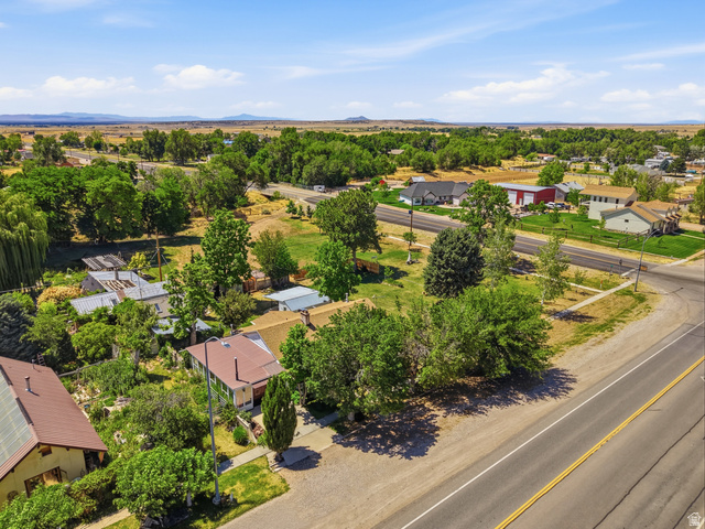 365 North Main Street Fillmore, UT 84631 - Photo 12 of 51 Aerial perspective showcasing a residential property with lush green trees, a brown shingle roof, and a visible driveway