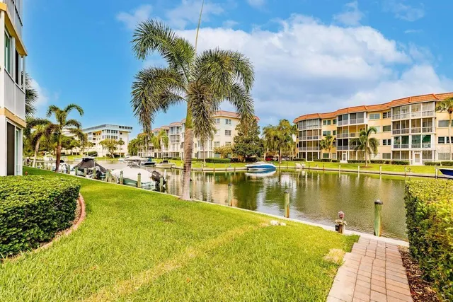 a view of a lake with building