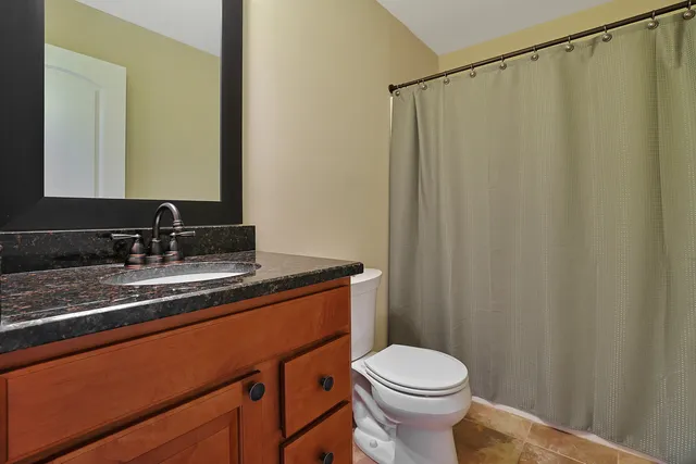 a bathroom with a sink a toilet a mirror and shower curtain