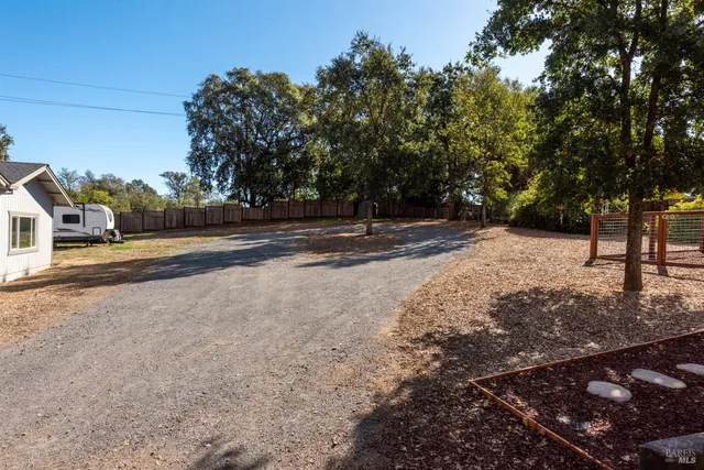 a view of dirt yard with a large tree