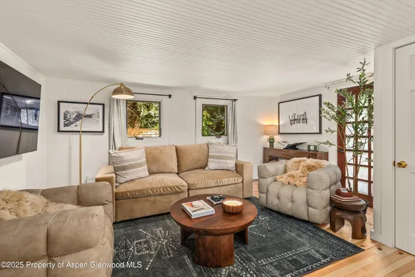 a living room with furniture and a rug