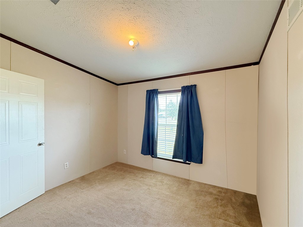 845 Caldwell Street Lexington, TX 78947 - Photo 15 of 39 Empty room featuring carpet floors, crown molding, and a textured ceiling