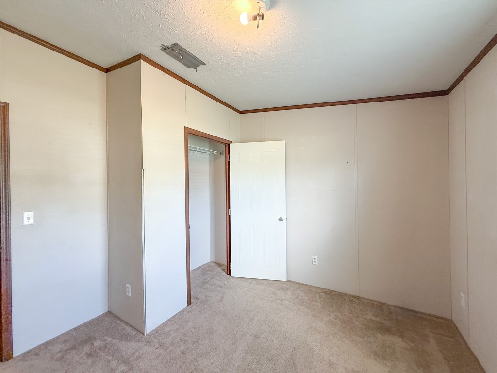 845 Caldwell Street Lexington, TX 78947 - Photo 17 of 39 Unfurnished bedroom featuring ornamental molding, light colored carpet, and a closet