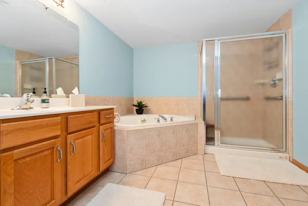 a bathroom with a tub sink and mirror