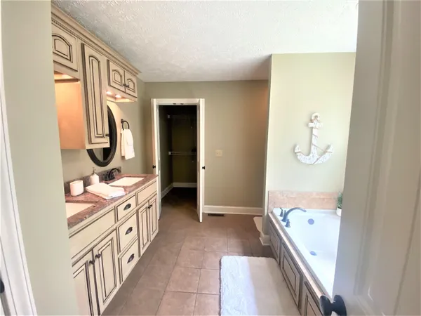 a bathroom with a tub sink and mirror