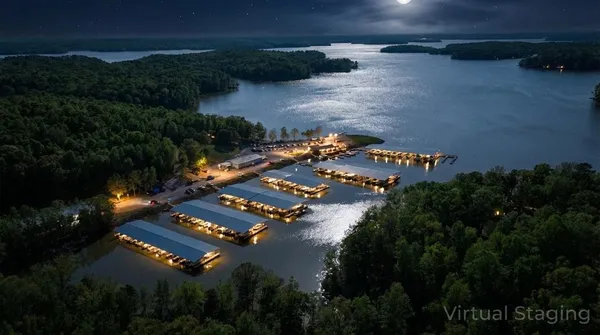 an aerial view of a house with swimming pool and next to a yard