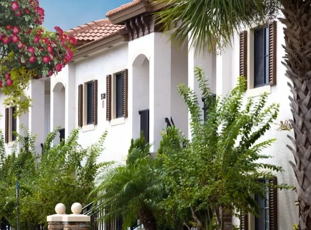 a front view of a house with a tree