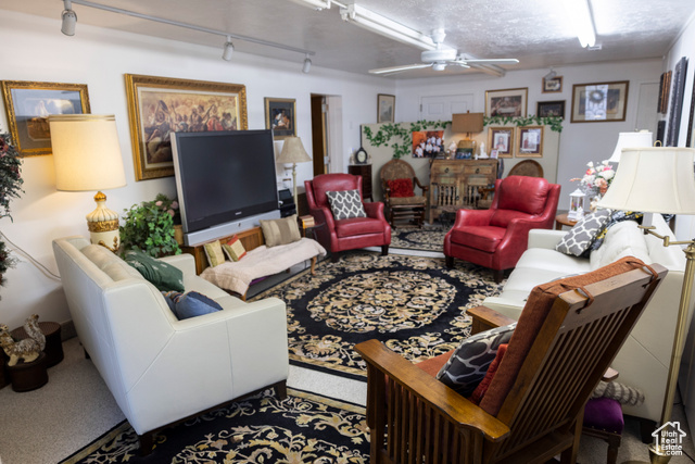 2855 South 1000 West Perry, UT 84302 - Photo 22 of 142 Living room featuring ceiling fan, rail lighting, and carpet