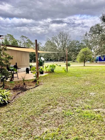 a view of a field with large trees