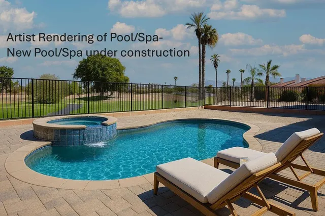 a view of a swimming pool with a sitting area