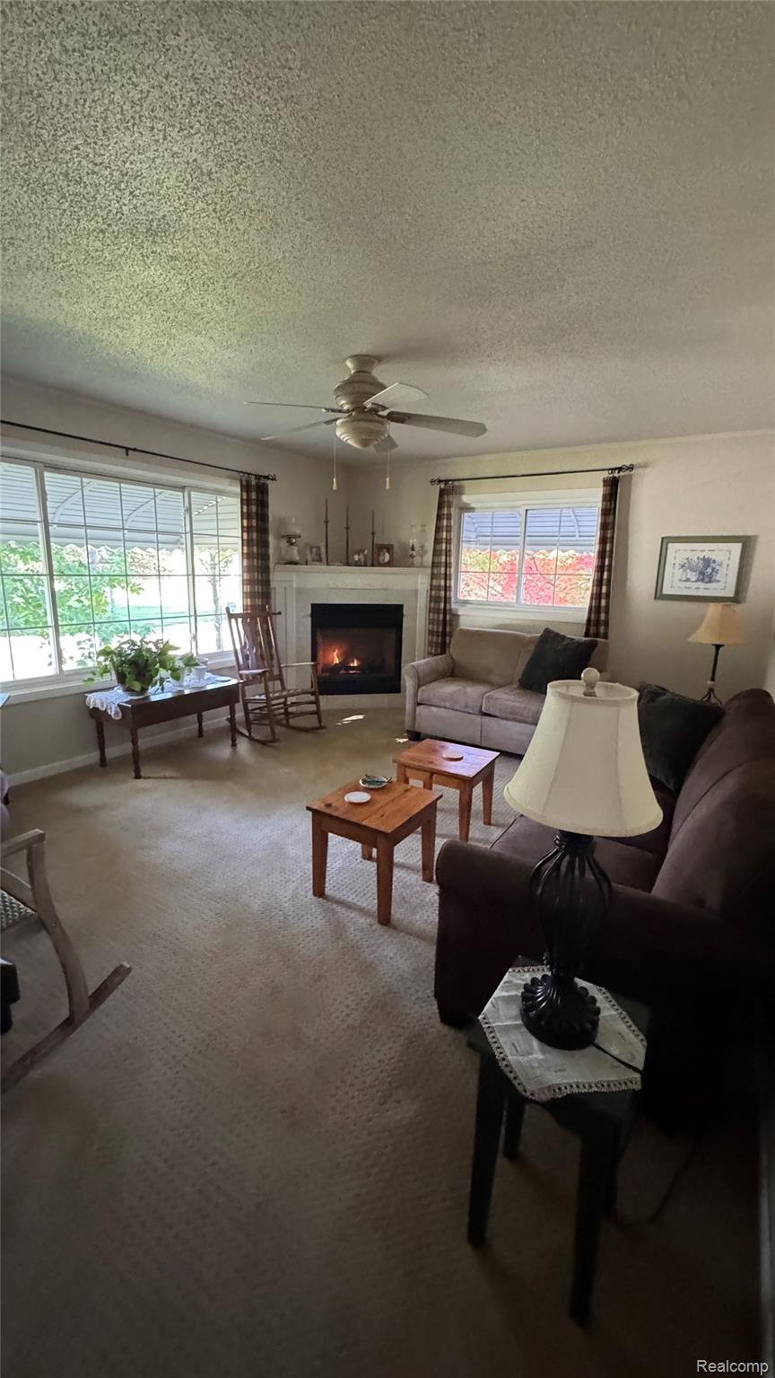 3828 Morgan Road Lake Orion, MI 48359 - Photo 19 of 39 Corner fireplace with mantel, ceiling fan, and multiple windows