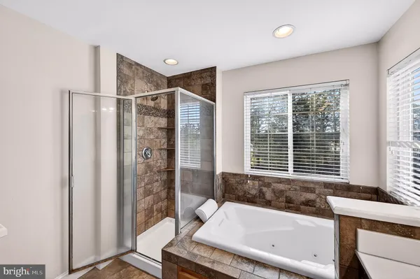 a bathroom with a shower and a bath tub