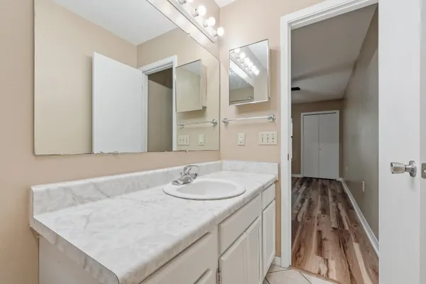 a bathroom with a sink vanity and a mirror