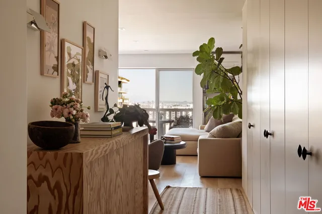 a living room with furniture and a potted plant